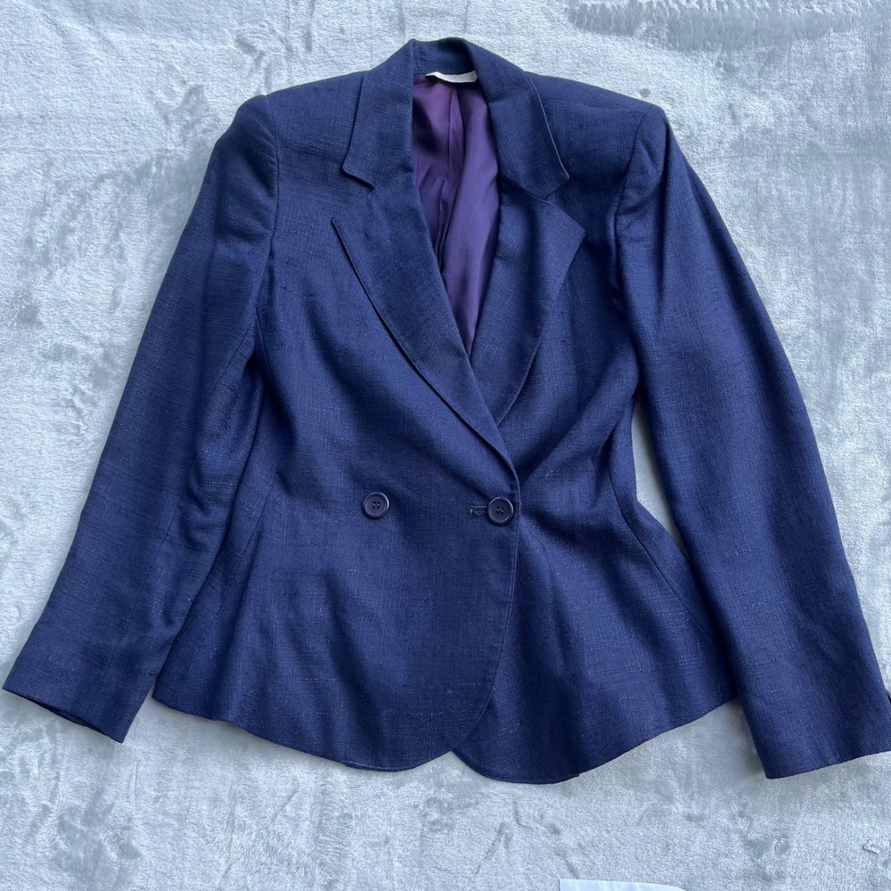Gilmor Vintage Navy Blue Textured Double Breasted Blazer Jacket Purple Lining 6